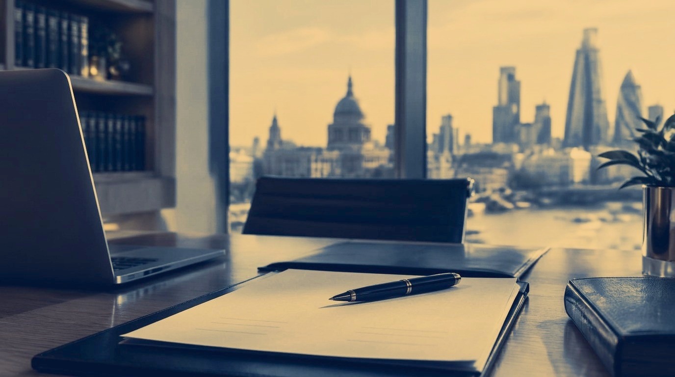 Contract documents and pen on a desk overlooking the City of London