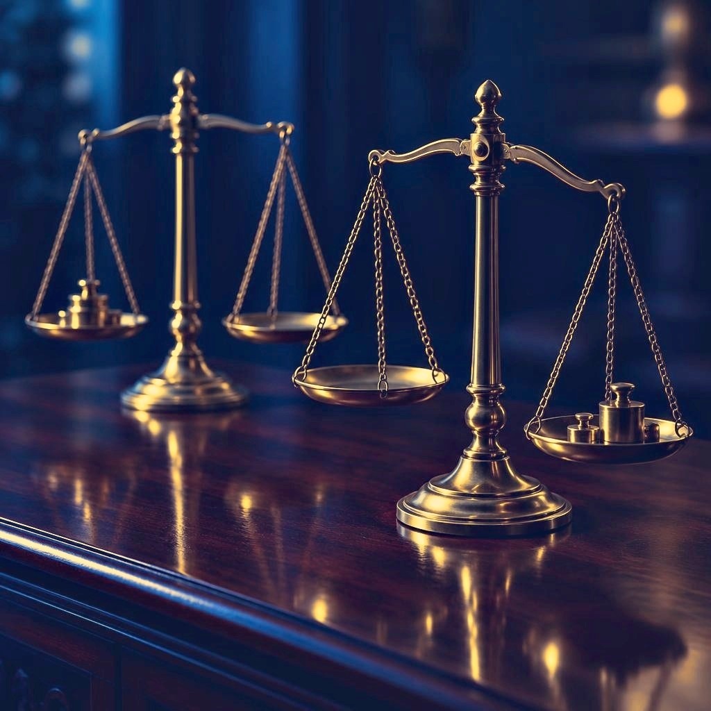 Brass scales of justice on a dark polished desk in navy and gold light