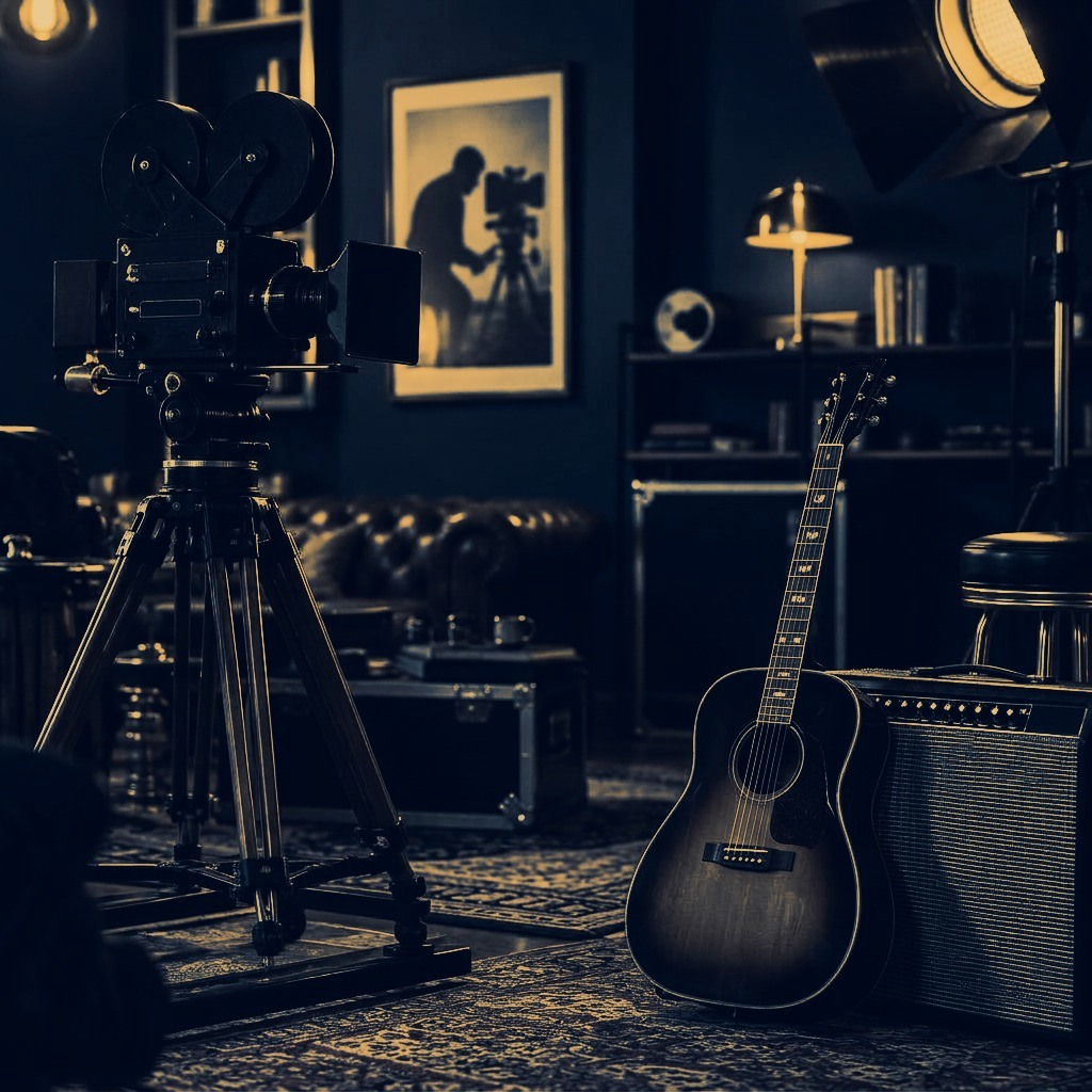 Vintage cinema camera on a tripod beside a guitar and amplifier in a warmly lit studio