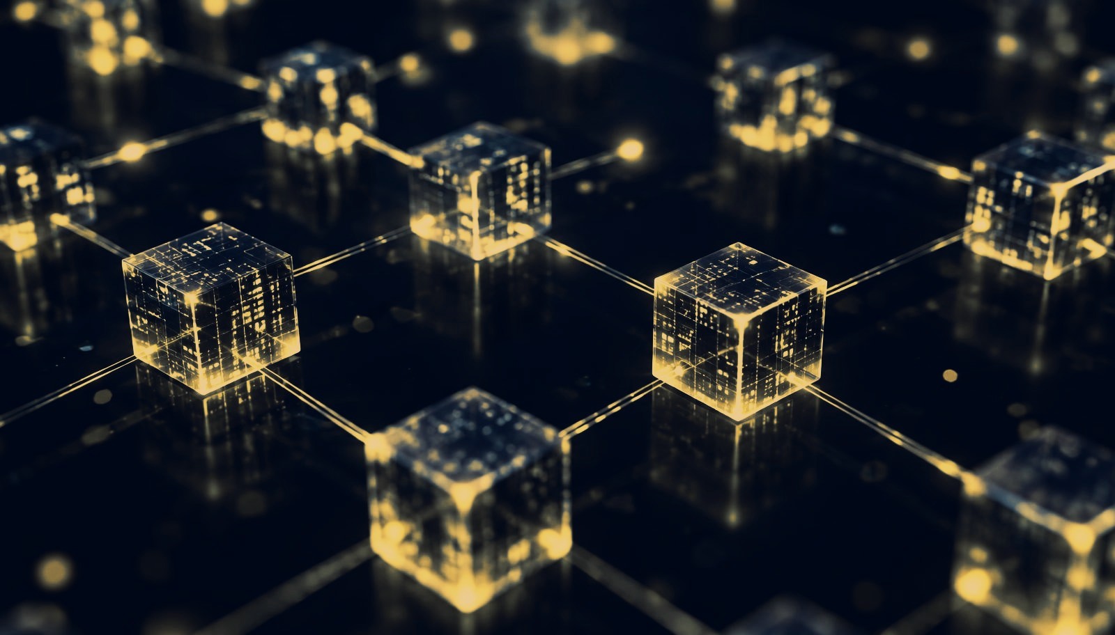 Abstract chain of glowing linked data blocks