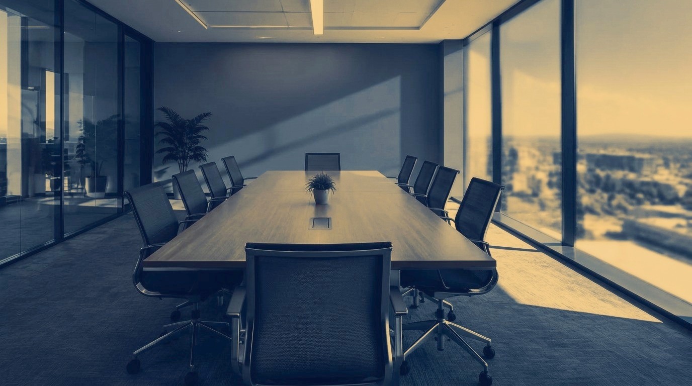 Boardroom table lit by warm evening light through glass walls