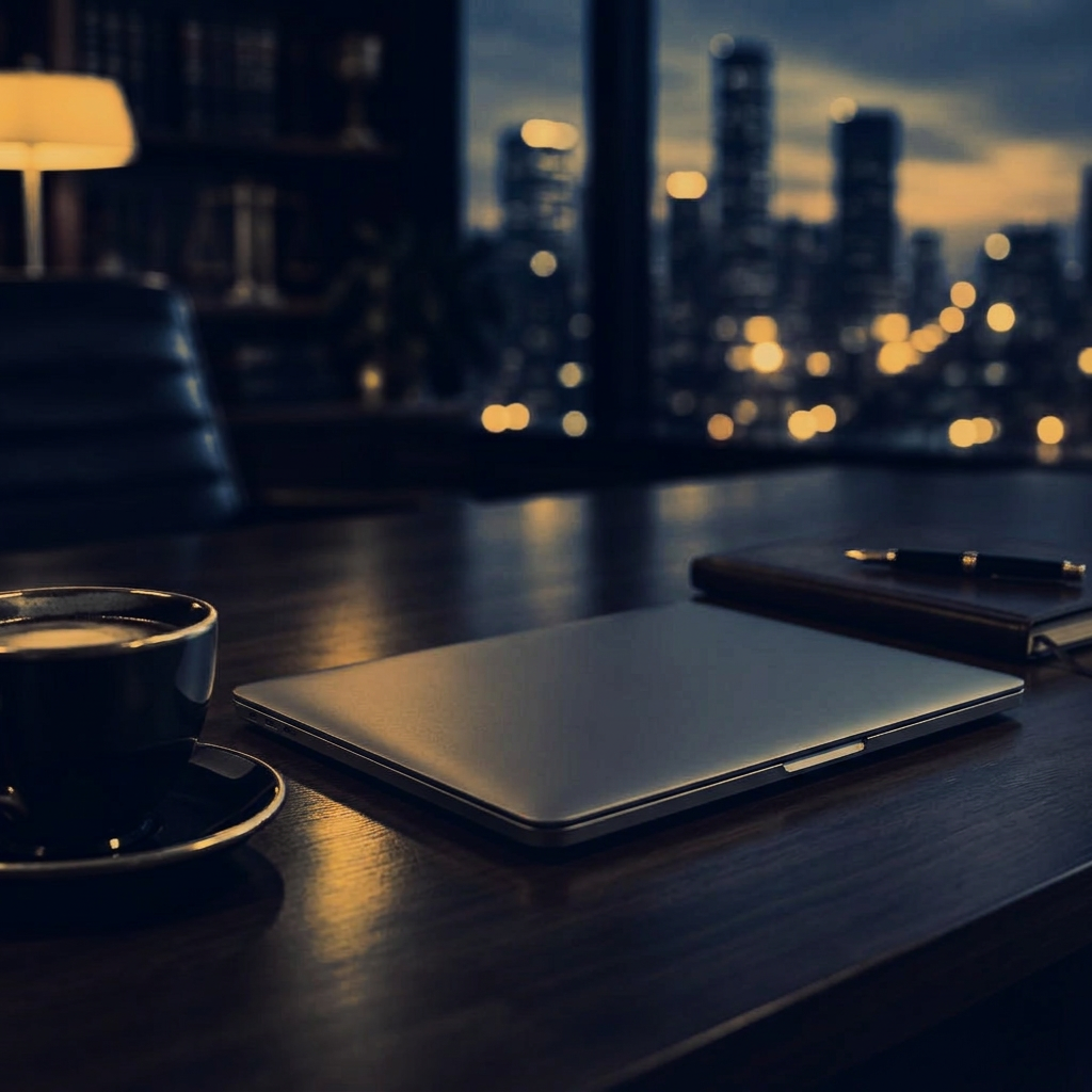 Closed laptop and smartphone on a walnut desk with blurred city lights